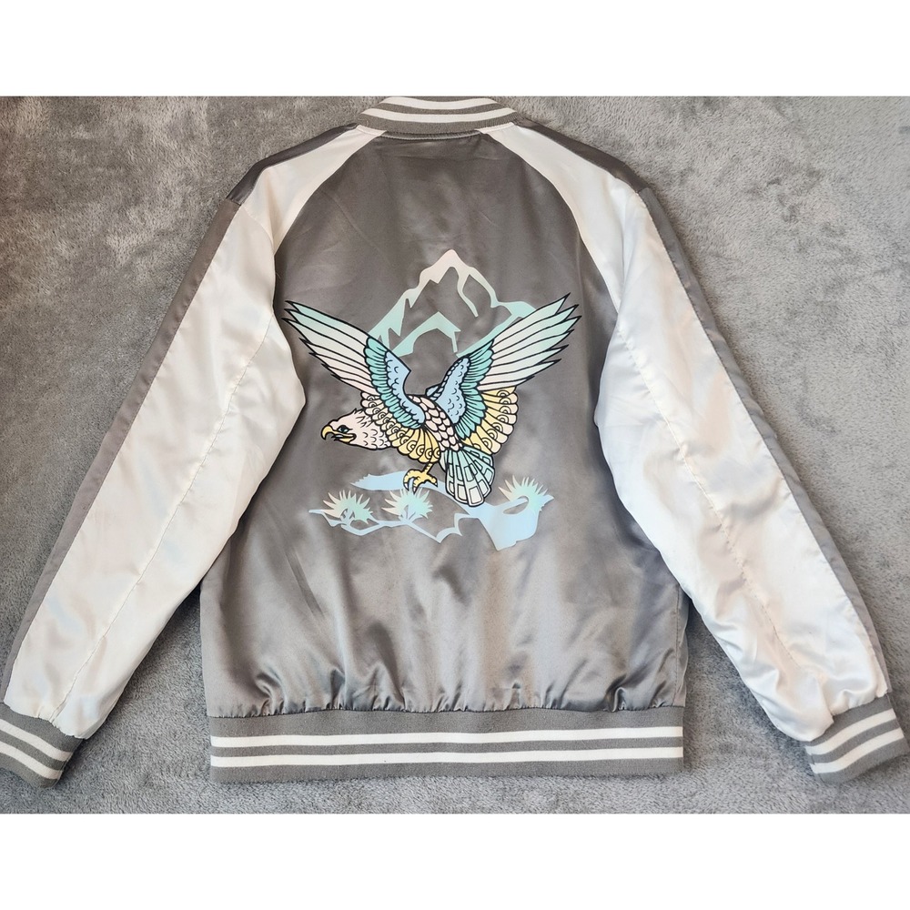 Brave Soul London Jacket Womens Medium Grey Satin Eagle Embroidered Bomber